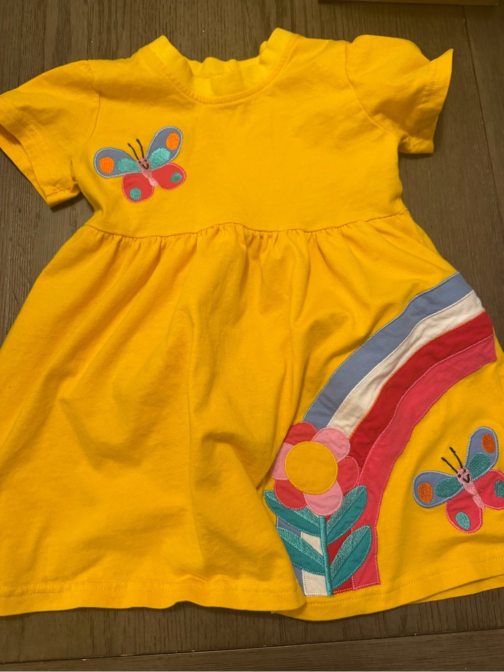 Bumeex Bright Yellow Girls Casual Butterfly & Rainbow Dress Sz 5Y - 100% cotton